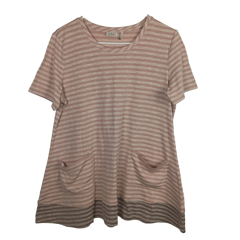 LOGO Lori Goldstein Women's Striped Tunic Top Shirt Large Pink Pockets